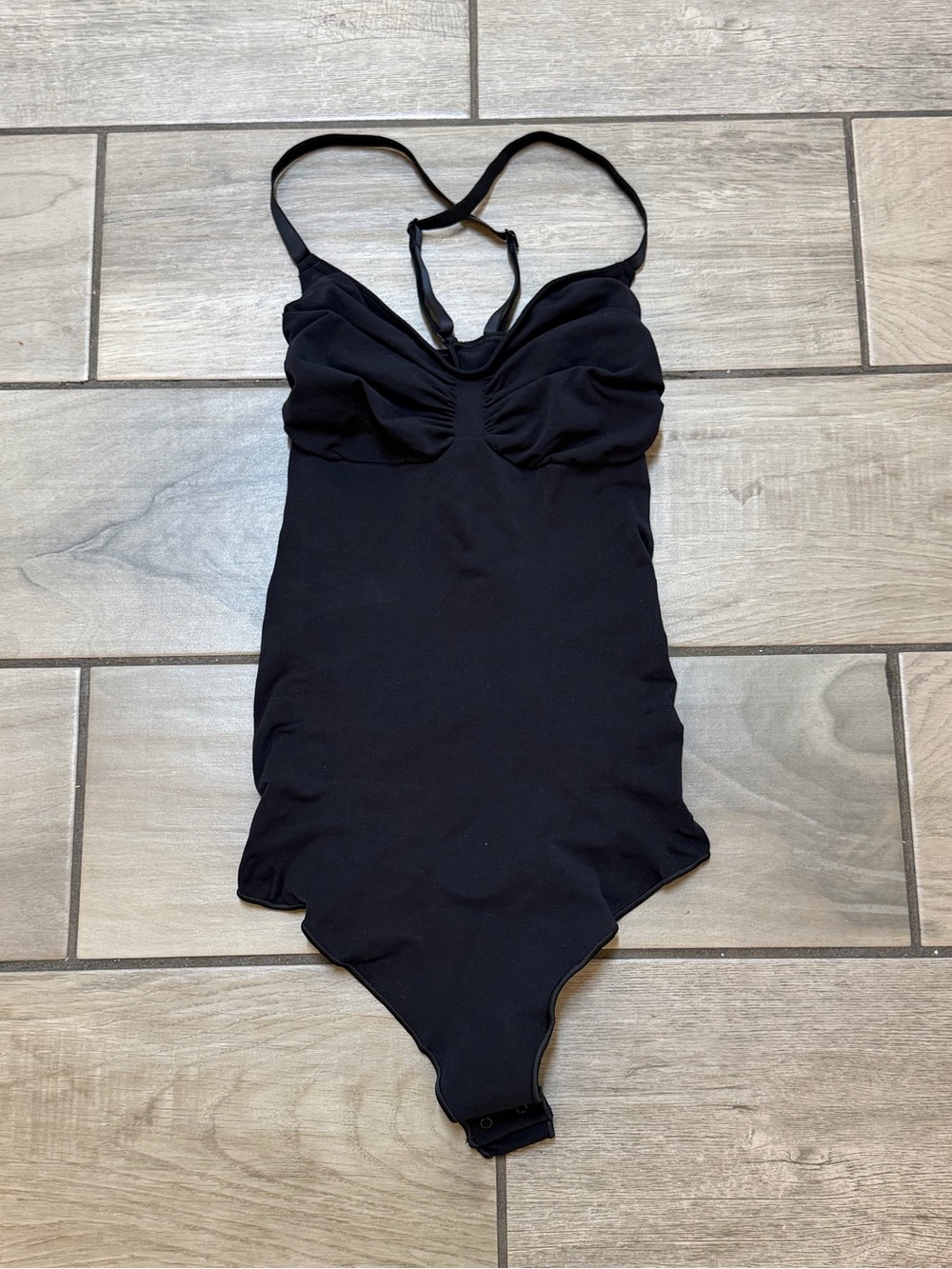 SKIMS Black Ruched Bust Shaping Bodysuit With Adjustable Straps
